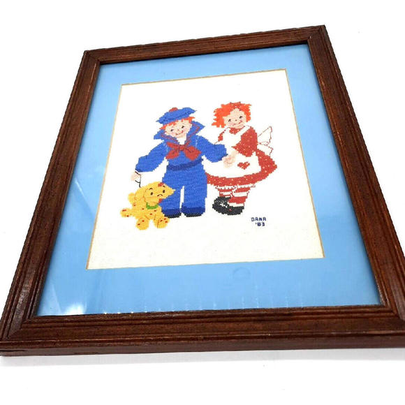 Vtg Raggedy Ann & Andy With Dog Arthur 12X15 Framed 1983 Needlepoint Picture - Picture 5 of 9